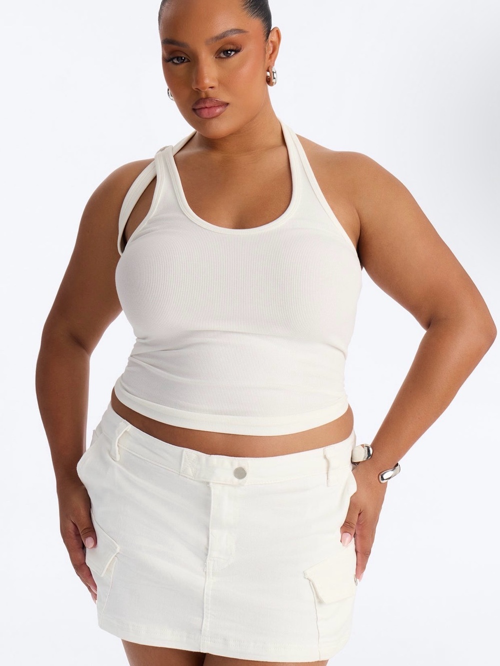 Fashion Nova White Ribbed Halterneck Crop Tank